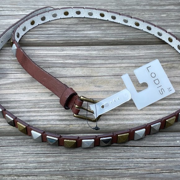 LODIS Women Belt Brown Leather Studded Skinny Belt - Picture 5 of 11
